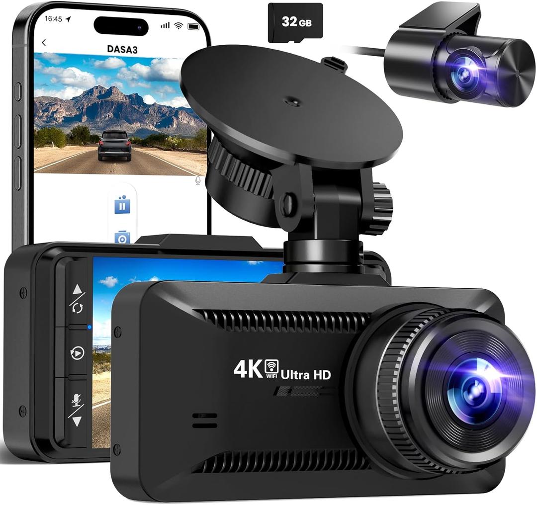 Dash Cam Front Rear 4K/1080P, Dash Camera for Cars Build in WiFi, Full HD Dash Cam with APP Control, 3.94 IPS Screen Dash Camera with 32GB SD Card, G-Sensor, WDR, 24Hr Parking Mote, Loop Recording (Black)