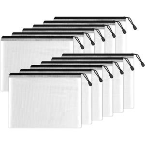 Plastic Mesh Zipper Pouch (Black, 12 Packs), Small Water-Resistant Zip Bag for School Office Supplies, Pencil Organizing Storage 