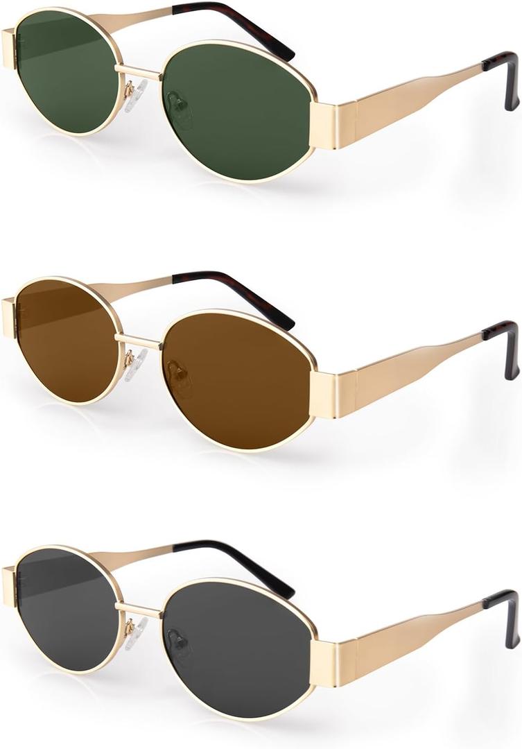 Retro Oval Sunglasses for Women Men, Trendy Designer Metal Style UV400 Protection Sun Glasses (05 Gold/Green+brown+grey)
