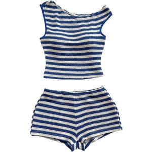Verdusa Women's 2 Piece Striped Outfits Off The Shoulder Crop Tops and Mini Shorts Set (Large, Blue and White)