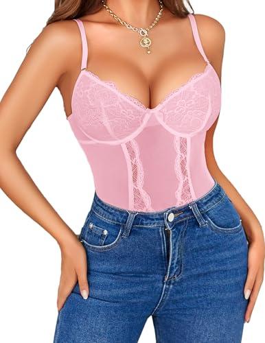 Avidlove Women Lingerie Corset Lingerie Sets for Women Sexy Outfit Teddy Pink Cute Lingerie Lace Floral Lingerie, Size S