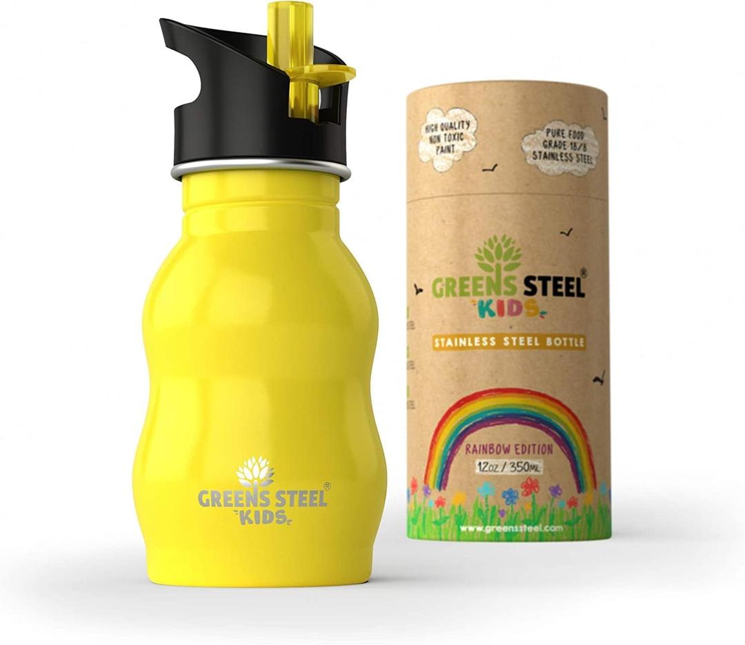 Kids Water Bottle with Straw & Handle, 12 oz, Yellow - Eco Friendly Toddler Cups with Straws - Easy Sip Metal Water Bottle for Kids - Cute Stainless Steel Water Bottles for Children - Leak Proof Lid