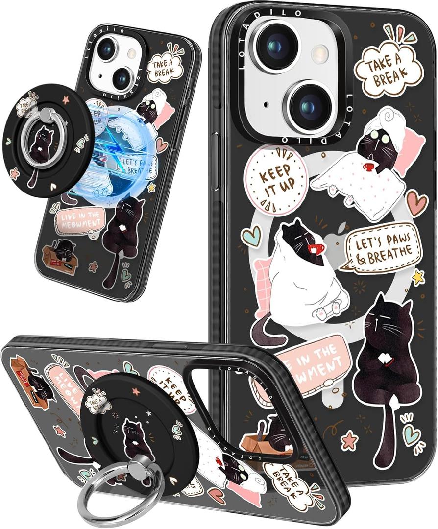 for iPhone 15 Case for Women - Girls Kawaii Design Compatible with Magsafe Magnetic Ring Holder Stand Black Cat Phone Covers Aesthetic Girly TPU Funda for 15