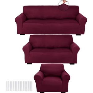 Peryiter 3 Pcs Slipcover Set for Couch Furniture Covers for Sofa Loveseat Couch Arm Chair, Form Fit Stretch, Wrinkle Free, Furniture Protector(Burgundy, Milk Silk Spandex)