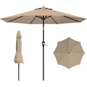 9 FT Patio Umbrella for Outdoor, Outdoor Umbrella with Push Button Tilt and Crank, Outdoor Patio Umbrellas with 8 Sturdy Ribs for Market, Garden, Deck, Backyard, Pool (Khaki)