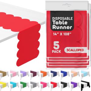 Red Plastic Disposable Table Runner. 5 Pack 14 x 108 inch. Scallop Table Runner Adds A Pop of Color to Your Party Table, by Swanoo