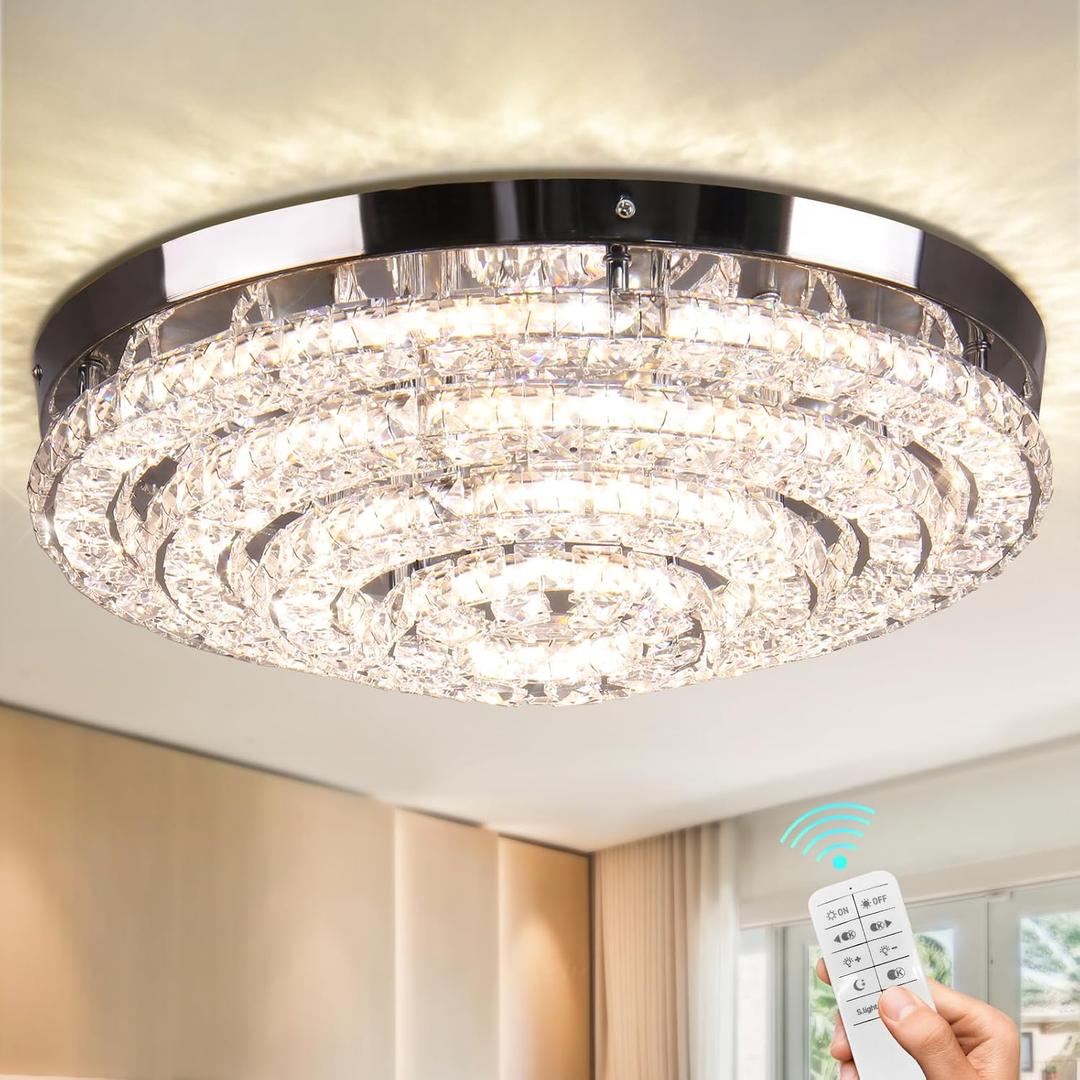 Modern LED Chandeliers 17.7" K9 Crystal Chandelier 4 Round Stainless Steel Ceiling Light Fixture for Dining Room Bedrooms Living Room (Dimmable 3500K-6000K)