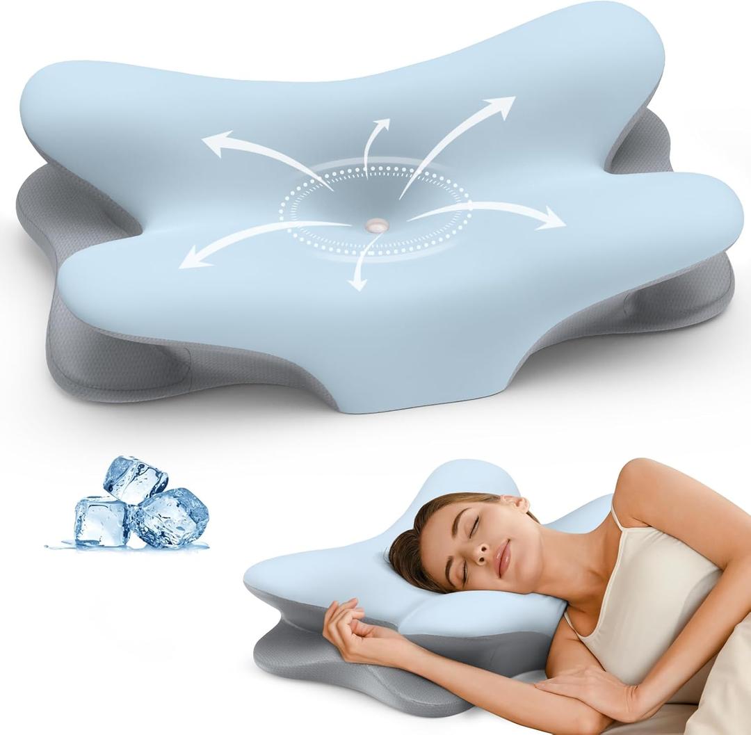 Cervical Neck Pillow for Pain Relief - Ergonomic Side Sleeper Pillow for Neck Support, Cooling Memory Foam Pillows for Sleeping, Contour Pillow Orthopedic Bed Pillow for Back Stomach Sleepers (Blue & Grey)