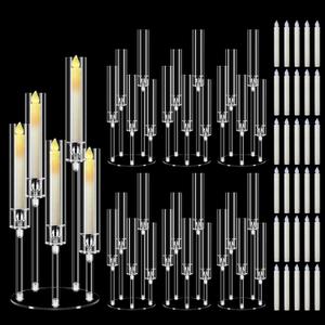 6 Sets 5 Arm Acrylic Candelabras with Candles, 22'' Tall for Table | 5-tier staggered arms, Clear acrylic build, Comes with a matching candle, Ideal as housewarming gift, Dinner Table Decor