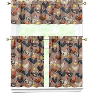 3 Piece Chicken Kitchen Curtains and Valances Set for Windows Rooster Kitchen Window Curtains Over Sink Decor 27.5x36 in