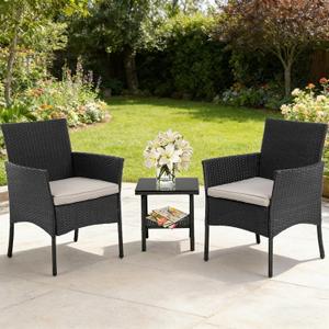 3 Pieces Patio Furniture Sets Outdoor Bistro Set with Rattan Chairs & Table, Wicker Conversation Sets for Garden, Backyard & Poolside (Black)