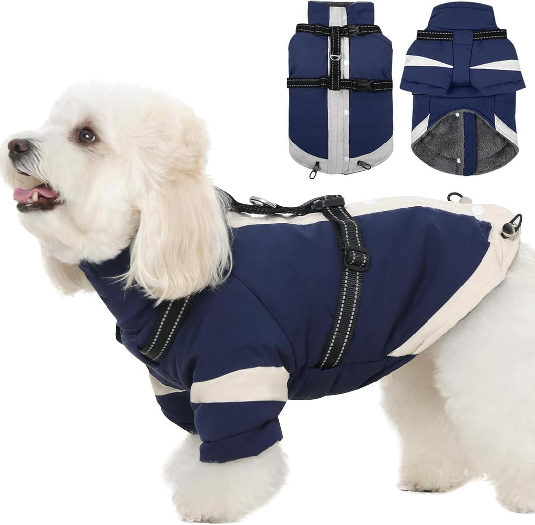 Turtleneck Dog Coat with Harness Built in - S,Soft Warm Lining | Adjustable Reflective Harness Coats for Small Dogs,Snow Day Water-Repellent,Windproof & Cold-Resistant Jacket (Navy-Blue) (SmallChest 17.3")