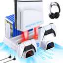 NexiGo PS5 / PS5 Slim Stand, Silent Cooling, Dual Controllers Charger for Playstation 5 Console, 3 Level Adjustable Fan Speed, PS5 / PS5 Slim Accessories, Headset and Remote Holder, White