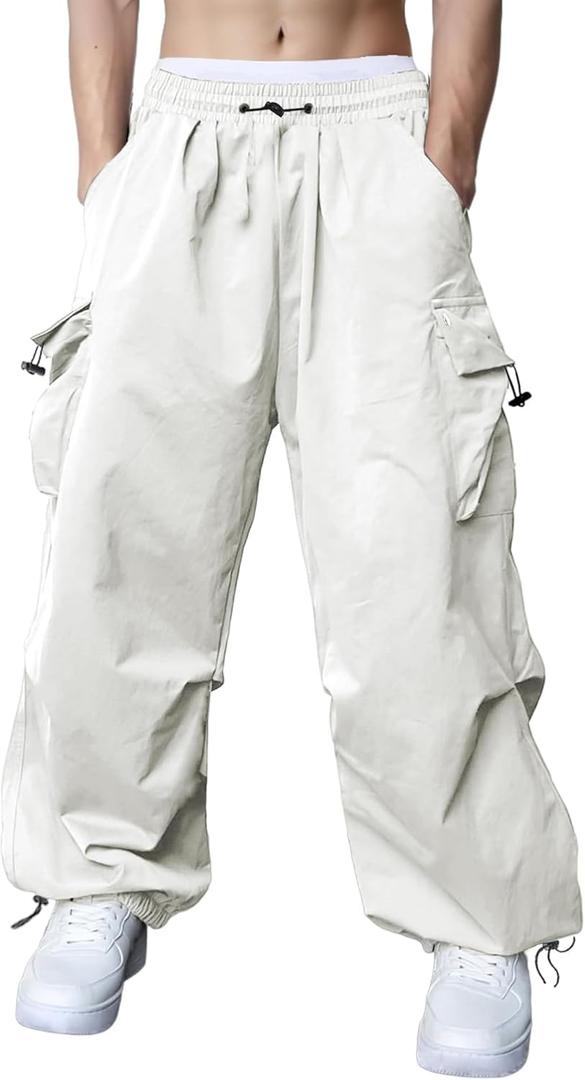 Susclude Parachute Cargo Pants for Men Loose Fit Baggy Sweatpants Casual Pant with Pocket Outdoor Drawstring Trousers 2025 (Large, White)