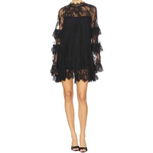 Women Lace See Through Mini Dress Long Sleeve High Neck Loose Fit Sheer Floral Short Dress Sexy Beach Cover Up (Large, Black)