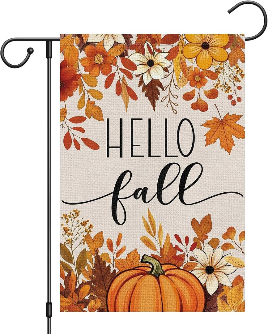 Heyfibro Hello Fall Pumpkin & Fallen Leaves Garden Flag 12x18 Double Sided Burlap, Autumn Maple Leaf Flower Yard Flags for Thanksgiving Rustic Seasonal Outside Outdoor Decoration (ONLY FLAG)