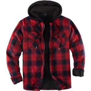 ZENTHACE Men's Sherpa Lined Full Zip Hooded Plaid Shirt Jacket (Large, Red/Grey)