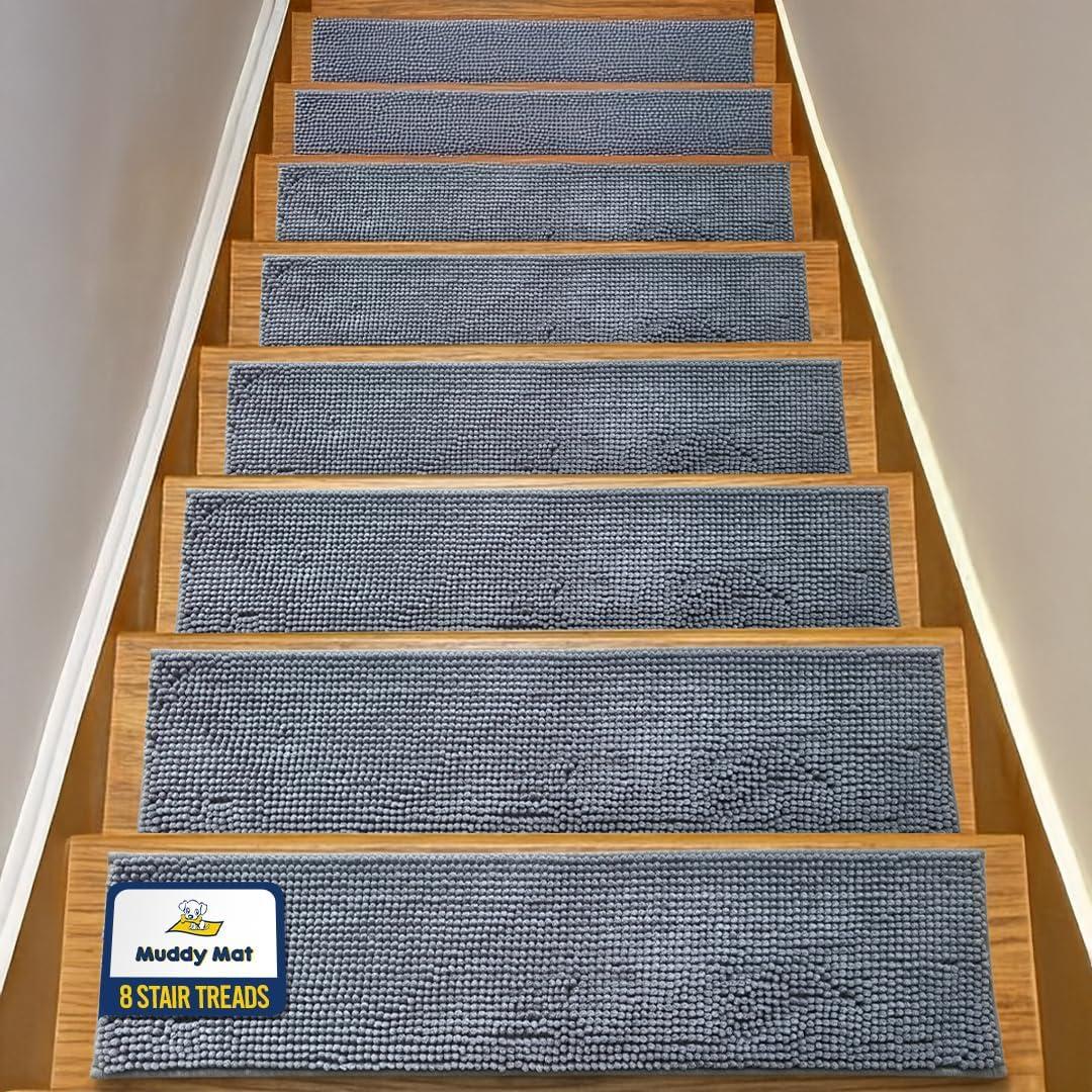 Muddy Mat Pack of 8 - Soft Chenille Stair Treads Non-Slip Reusable, Super Absorbent Stair Treads for Wooden Steps, Tile & Marble Floor, Easy to Install & Machine Washable - Grey 30'' x 7''