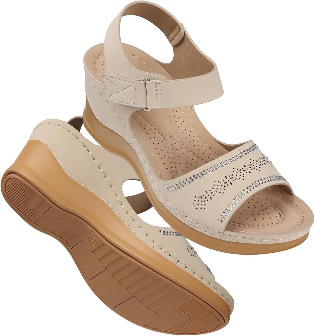 SHIBEVER Wedge Sandals For Women Low: Dressy Summer Sandal - Comfortable Rhinestone Sandals (9, 11 Beige) SHIBEVER Wedge Sandals For Women Low: Dressy Summer Sandal - Comfortable Rhinestone Sandals (9, 11 Beige)