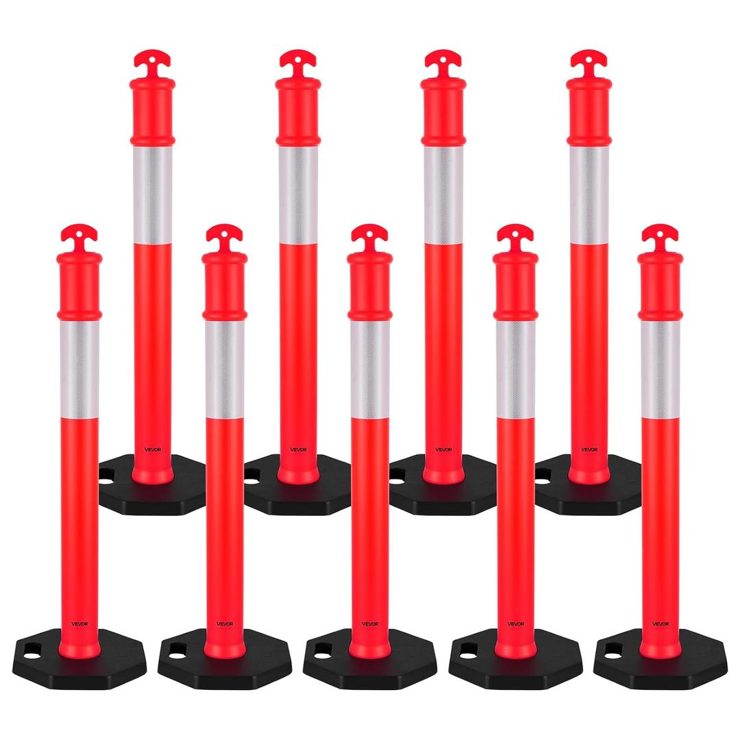 VEVOR 9 Pack Traffic Delineator Posts, 45 inches Traffic Safety Cones with Weighted Base and Reflective Strips, Heavy Duty Delineator Posts for Construction Site, Parking Lot, Crowd Control, Red
