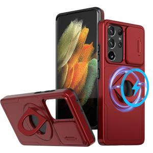 ANNGELAS for Samsung Galaxy S21 Ultra Mag-Safe Kickstand Case with Slide Camera Cover, Slim Shockproof Military Heavy Duty Anti-Drop Full Body Protection, 360 Rotating Stand Magnetic Phone Case(Red)
