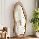 Full Length Mirror, 71"x30" Full Body Mirrors, Flannel Floor Mirrors with Stand, Irregular Wavy Mirror Hanging or Leaning Against Wall for Bedroom Living Room, Brown