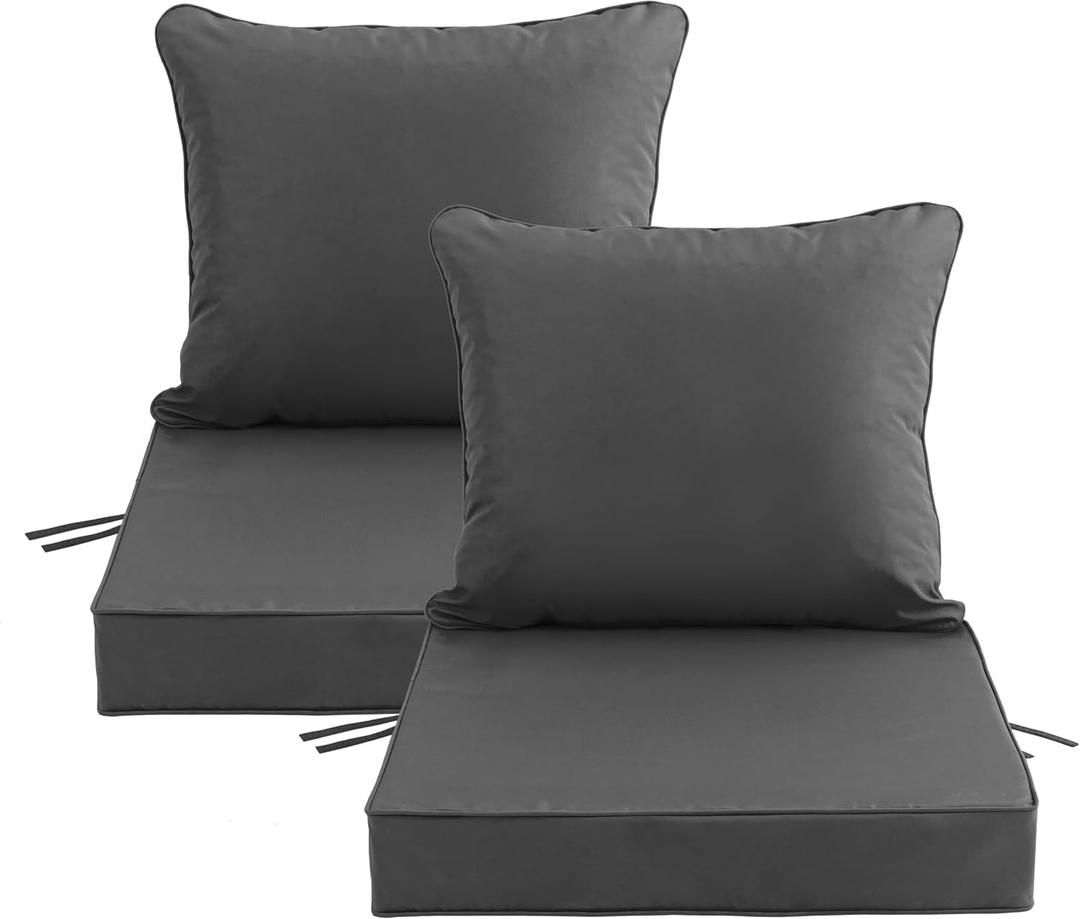 19x19 Inch Patio Chair Cushions Set of 2, Outdoor Furniture Cushions - Removable Cover, Water-Repellent, Fade-Resistant, Non-Slip Bottom & Straps, Replacement for Lawn, Porch & Deck Chair - Dark Grey