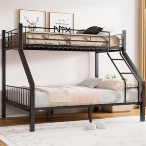 Mixcous Twin XL Over Queen Bunk Bed, Heavy Duty Bunk Bed with EVA Padded Ladder and Full-Length Guardrails, Metal Queen Bed Frame with Slats Support for Adults, Teens, Kids, Black