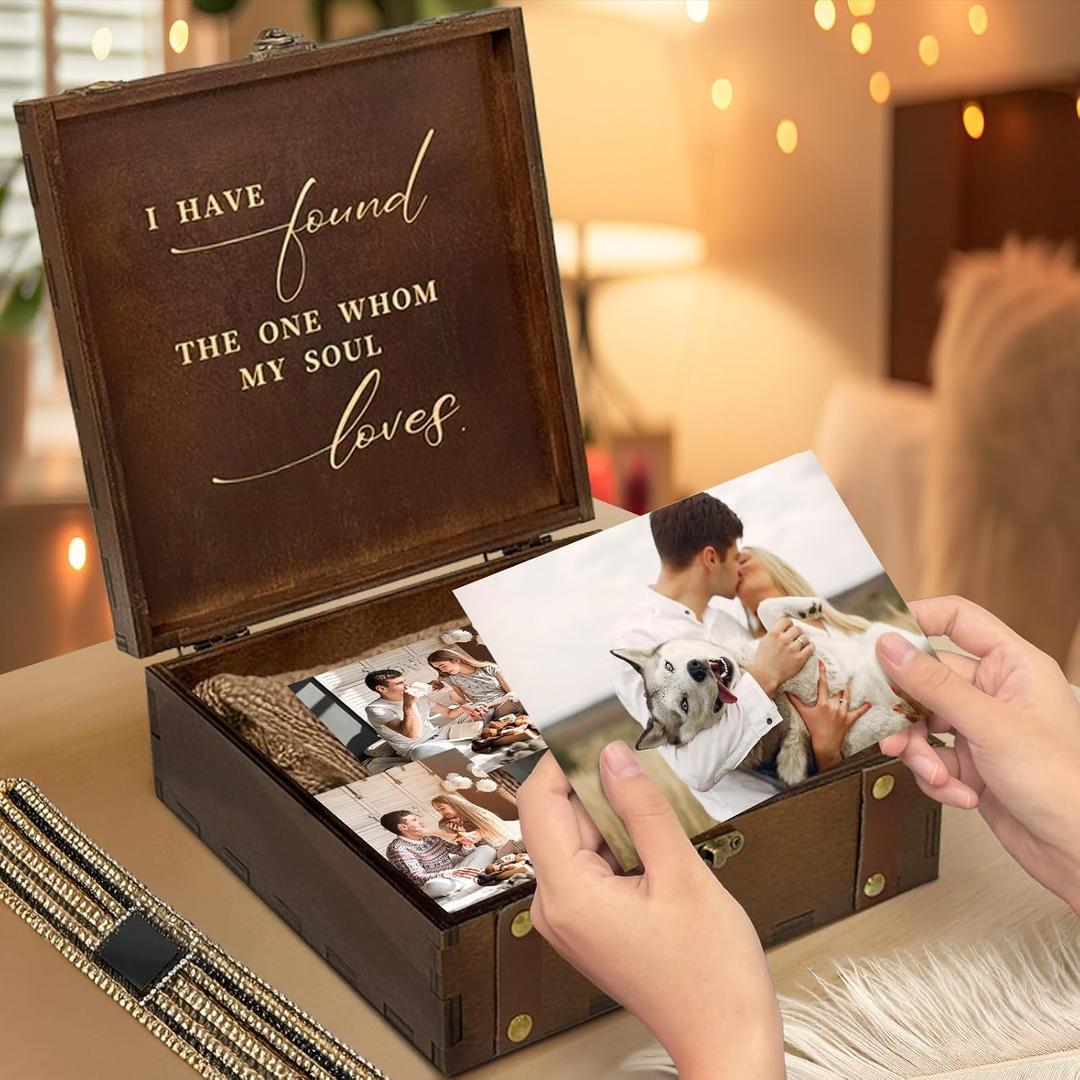 OurWarm Wooden Wedding Keepsake Box, Mr Mrs Memory Box with Lids, Wedding Engagement Gift Decorative Storage Boxes for Couples, Newlyweds, Bridal Shower, Vintage-Inspired Chasing for Special Memories