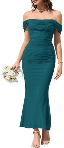 KUTUMAI Off The Shoulder Maxi Long Dress Corset Ruched Bodycon Formal Wedding Guest Dresses for Women, XS