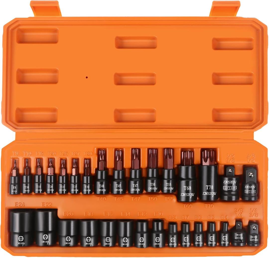 DISEN 31-Piece Torx Bit Socket and Female External Socket Set, Premium CR-V & S2 Alloy Steel, Star T8-T70 & E-Torx E4-E24,Impact Socket Adapter Set,High Torque Laser Marked for Automotive Mechanic