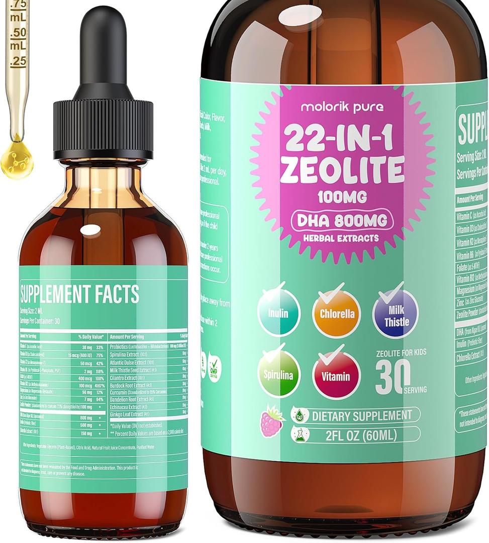 2 x Zeolite Detox for Kids and Adults, Herbal Detox with 800mg DHA, 500mg Inulin, Probiotics & Vitamin B12, D3, C, B6, Cilantro Extract Cleanse to Support Brain, Immune, Gut, Energy, Berry Flavor, 60ML