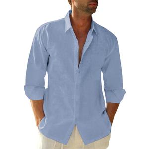 Button Down Linen Shirts for Men Casual Long Sleeve Regular Fit Cotton Beach Shirts with Pocket (X-Large, Blue)
