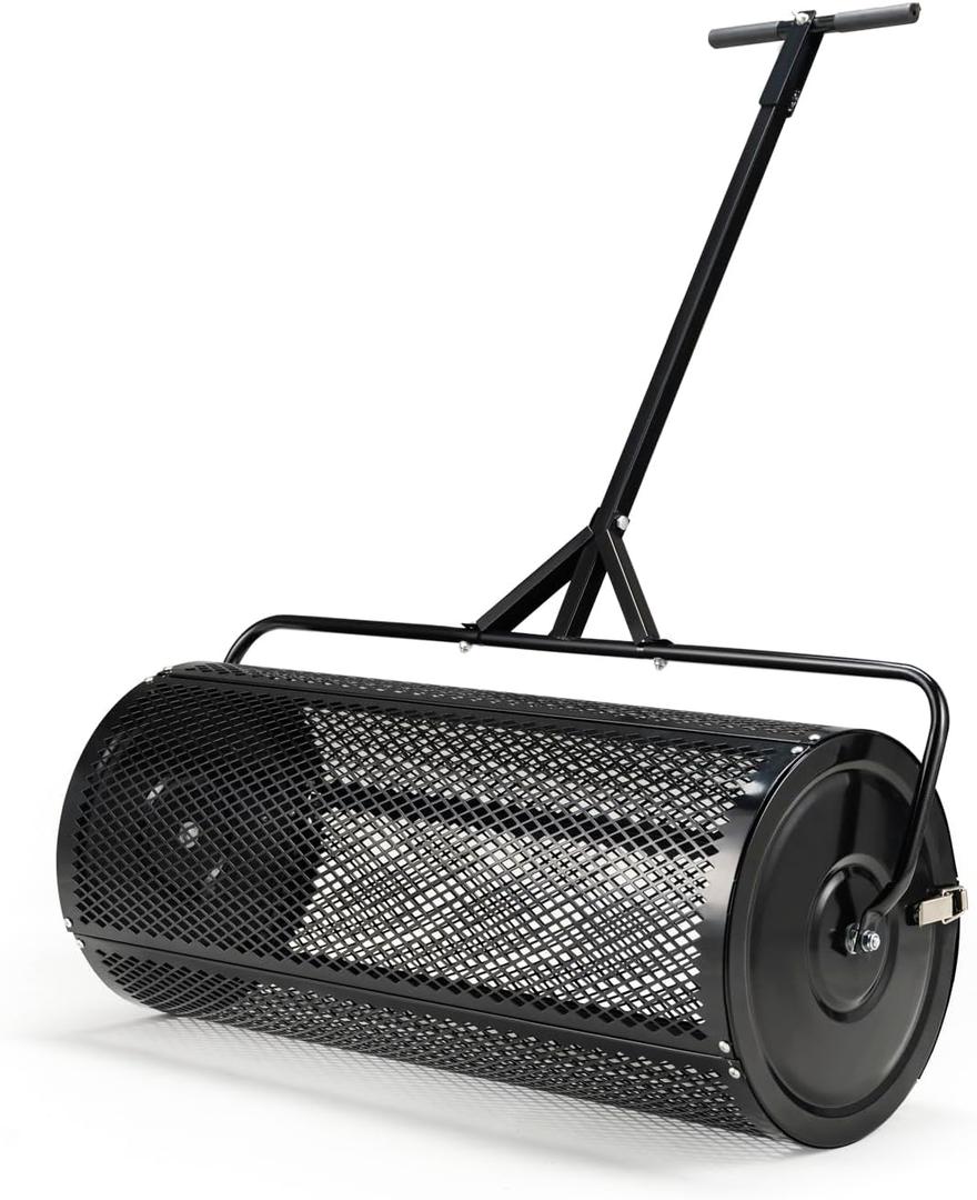 Compost and Peat Moss Spreader w/ 2 in 1 ATV & T Shaped Handle, 16”WX36”L, Lawn and Garden Peat Moss Roller w/Laser Cutting Wire Mesh Baskets for Spreading Manure, Topsoil (16”WX36”L)