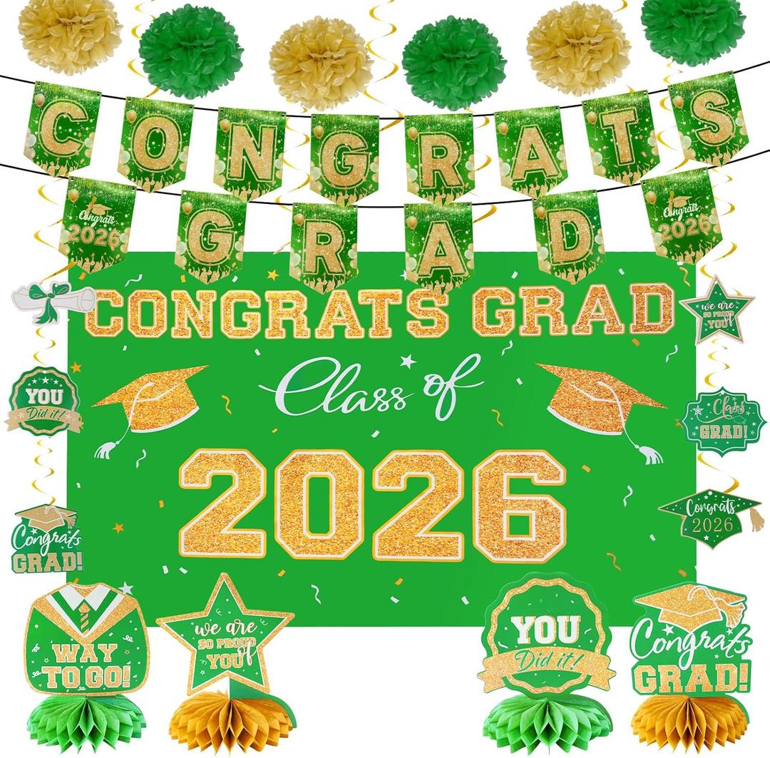 baotongle 18pcs Graduation Decorations Class of Grad Party Decor Pack Congrats Grad Banner and Graduation Backdrop Graduate Centerpieces Hanging Swirls Tissue Pom Poms Paper Flower Set(Green)