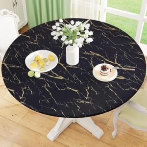 misaya Round Fitted Tablecloth with Elastic Edge, Waterproof Oil Proof Plastic Table Cover, Vinyl Flannel Backed Tablecloth Fits 45"-56" Round Tables for Dinner, Outdoor, Picnic, Black Gold Marble