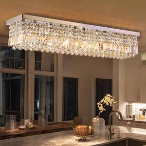 12-Lights Crystal Chandeliers Modern Crystal Rectangular Flush Mount Chandelier with Raindrop Crystals Pendant Light Fixture for Dining Dining Room Kitchen Dining Room Bedroom Bathroom Hotel, L47" x W10" x H10"
