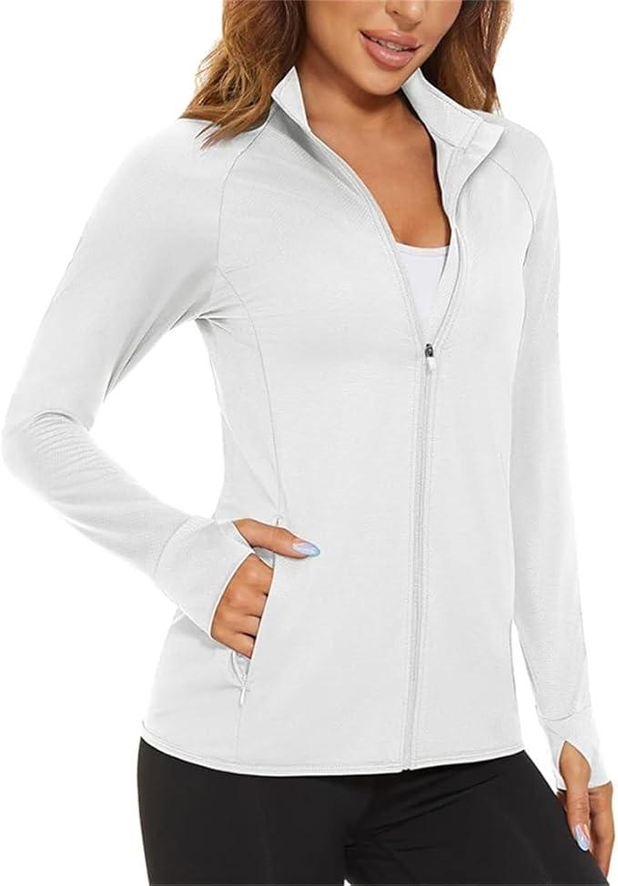 Women Long Sleeve Cardigan with Thumb Holes Full Zip Hiking Sports Shirt, Size US L