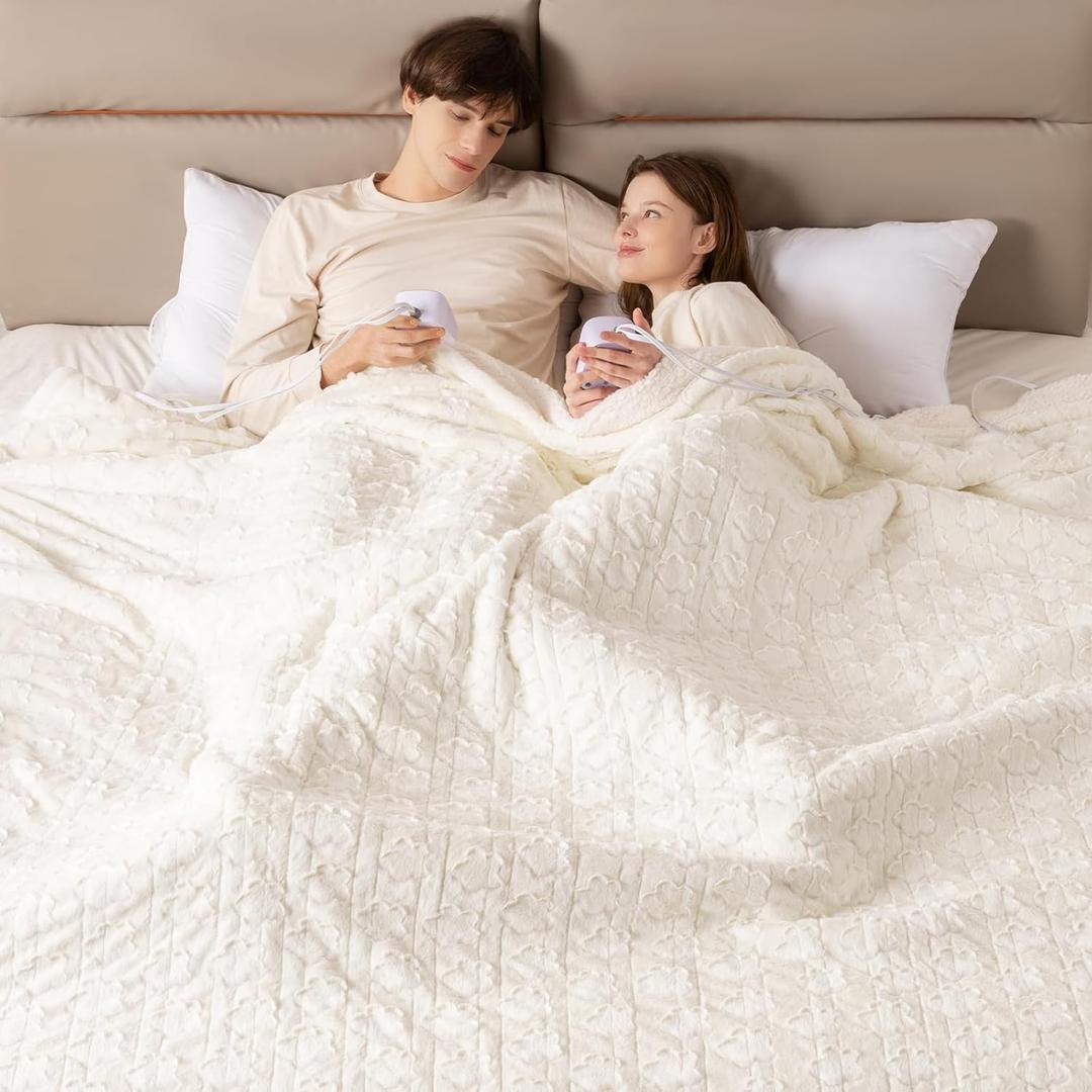 Bearhug Electric Blanket King Size 100" x 90", Dual Controller Heated Blanket, White Flower Patterns Faux Fur & Warm Sherpa, 10-Heat Levels & 1-12H Auto Off,ETL, Machine Washable