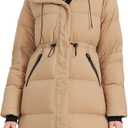 Women’s Thick Long Goose Down Coat Hooded Warm Winter Down Puffer Parka Jacket with Knee-Length Coverage (Beige, S)