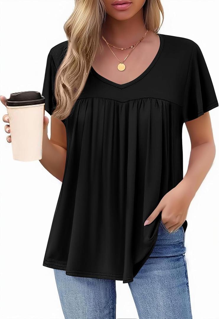 HOTOUCH Womens Short Sleeve Tunic Tops V Neck Loose Fit Ruffle Sleeve Shirts Summer Floral Dressy Casual Boho Blouses (Black, S)