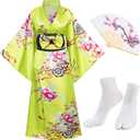 Japanese Anime Women's Kimono Robe Geisha Yukata Sweet Dress Blossom Satin Bathrobe Sleepwear Fans Tabi Socks Set (Green) One size