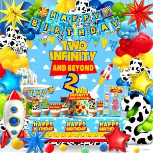 125pcs Two Infinity and Beyond Birthday Decorations, Cartoon Story 2nd Birthday Party Supplies, Balloons Backdrop Banner Tablecloth Cake Topper for 2 Infinity and Beyond Bday Decor (Blue)