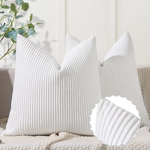YCOLL White Pillow Covers 16x16 Set of 2 Velvet Striped Pattern - Soft Throw Pillows for Home Decor, Luxury Decorative Pillow Covers for Couch, Bed,Living Room