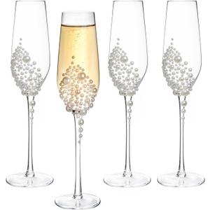 MyGift Champagne Flutes 6 oz, Clear Glass Stemmed Toasting Glasses with Faux White Pearls – Wedding, Bridal Shower & Bachelorette Party Glassware Set of 4