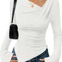 ZESICA Women's Long Bell Sleeve Shirts 2026 Fall Going Out Asymmetrical Crop Tops Slim Fit Ribbed Ruched Y2K Clothes (White, L)
