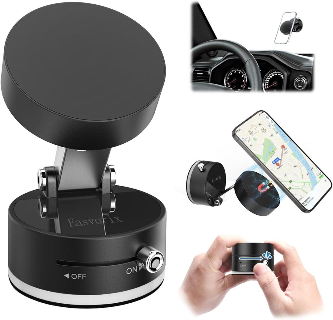 Vacuum Magnetic Phone Holder with Metal Ring Compatible with iPhone 17 All Phone, Portable Universal Collapsible Magnetic Phone Stand, Car Mount with Strong Suction Cup