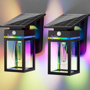 2 Pack RGB Solar Wall Lights Outdoor, Dusk to Dawn & Motion Sensor Porch Light with Lantern Shape, 10 Modes (RGB Cycle/Fixed) IP65 Waterproof, E26 Bulb Exterior Sconce for Front Porch, Garage, Patio