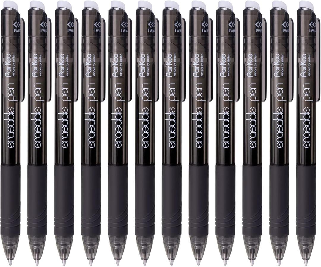 ParKoo Retractable Erasable Gel Pens 0.7mm, 12 Black Twist Pens Fine Point, Make Mistakes Disappear, Smooth Writing with Comfortable Grip for Journaling Drawing Note Taking