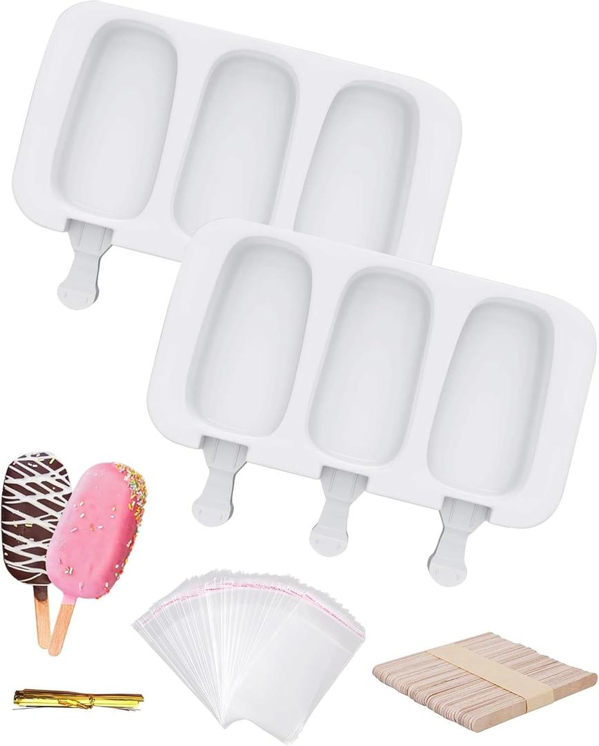 Ouddy Life Popsicle Molds Set of 2, Ice Pop Molds Silicone 4 Cavities Ice Cream Mold Oval Cake Pop Mold with 50 Wooden Sticks for DIY Popsicle, White